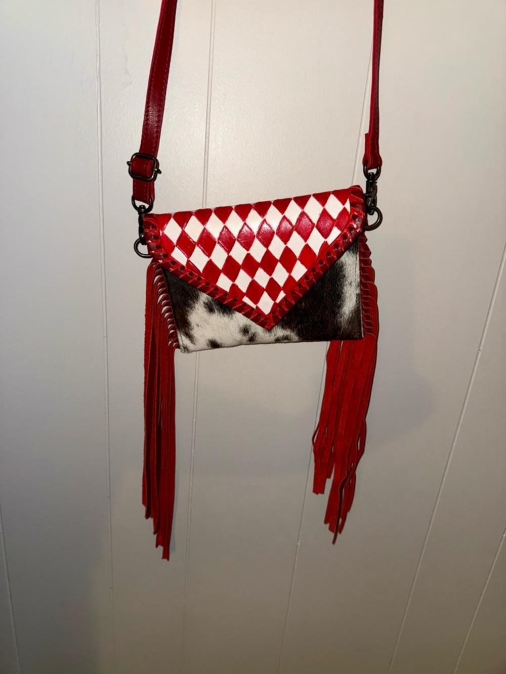 Red Fringe Crossbody Bag with Checkered Flap